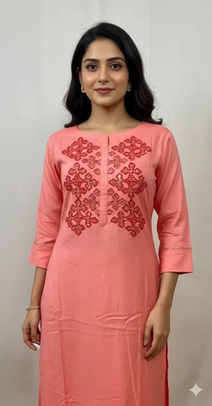 Peach and Pink Embroidered Cotton Kalamkari Kurti