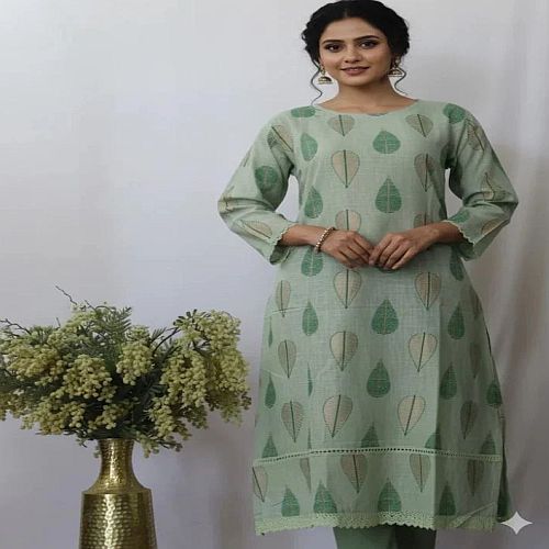 Pista Green Cotton Printed Kalamkari Kurti