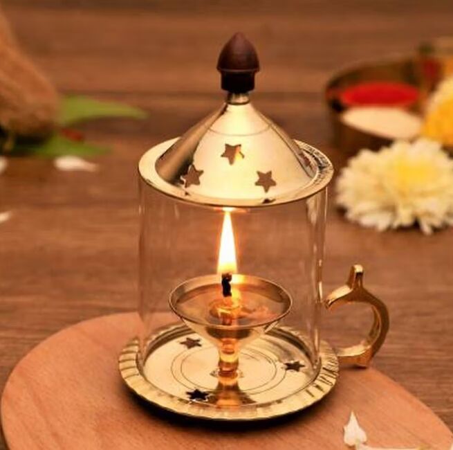Brass Akhand Diya with Glass