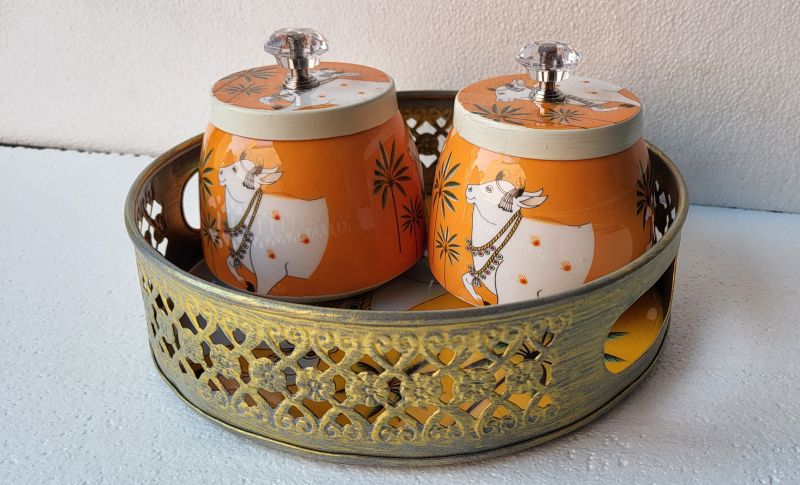 Cow Design Tray with Two Air Tight Jar