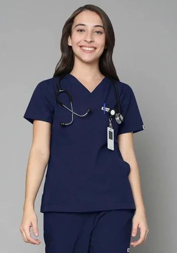 Plain Cotton Ladies V Neck Scrub Suit, Color : Dark Blue