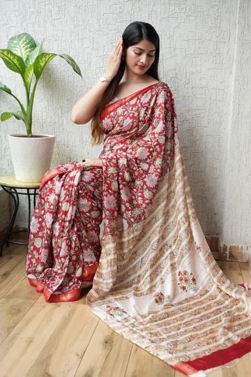 Hand Block Printed Maheshwari Silk Saree
