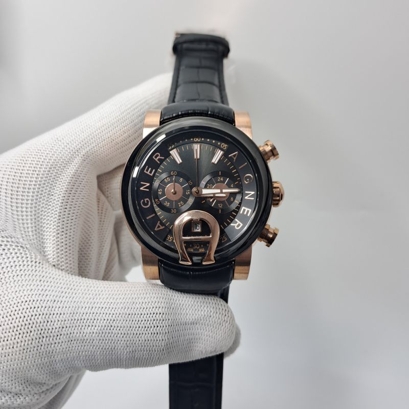 Aigner Bari Black Bazel Chronograph Black Dial Black Leather Swiss Watch