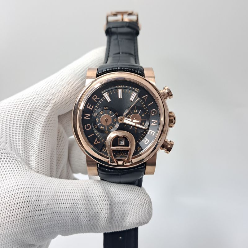 Aigner Bari Rose Gold Chronograph Black Dial Black Leather Swiss Watch