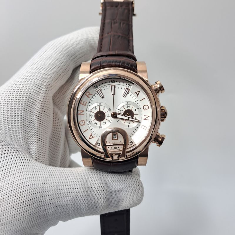 Aigner Bari Rose Gold Chronograph White Dial Brown Leather Swiss Watch