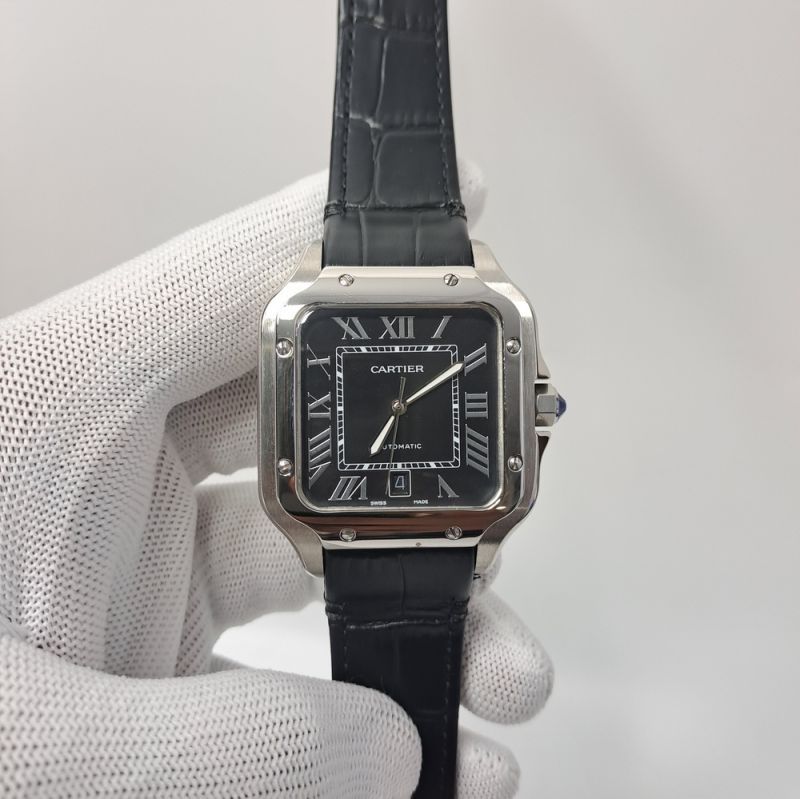Cartier Santos De Silver Black Dial Black Leather Strap Swiss Automatic Watch