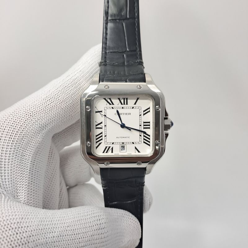 Cartier Santos De Silver White Dial Black Leather Strap Swiss Automatic Watch