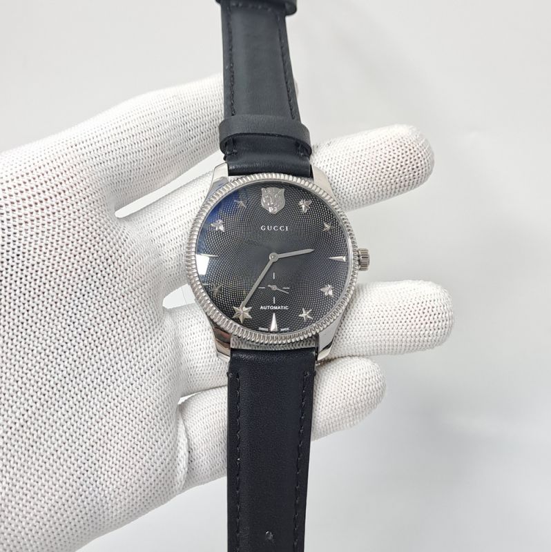 Gucci G-Timeless Black Leather Auto Back Open Black Dial Automatic Watch
