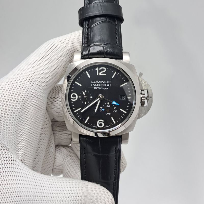 Luminor Panerai Bitempo Black Dial Stainless Steel Case Black Leather Strap Automatic Watch