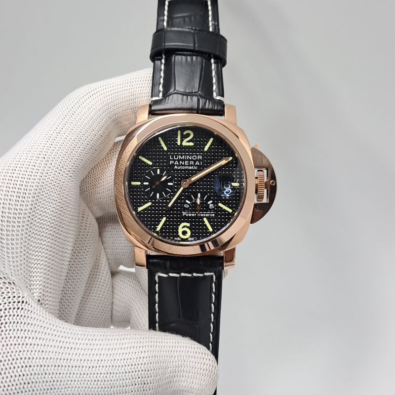 Luminor Panerai Power Resurve Rose Gold Case Black Dial Leather Strap Swiss Automatic Watch