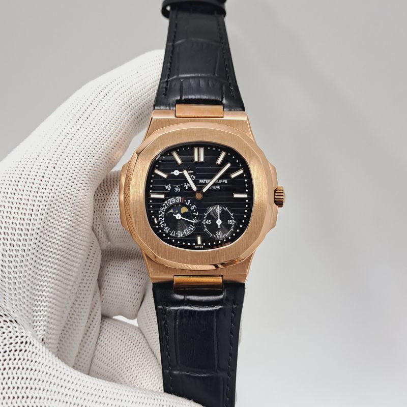 Patek Philippe Aquanaut Rose Gold Black Dial Black Leather Strap Swiss Automatic Watch