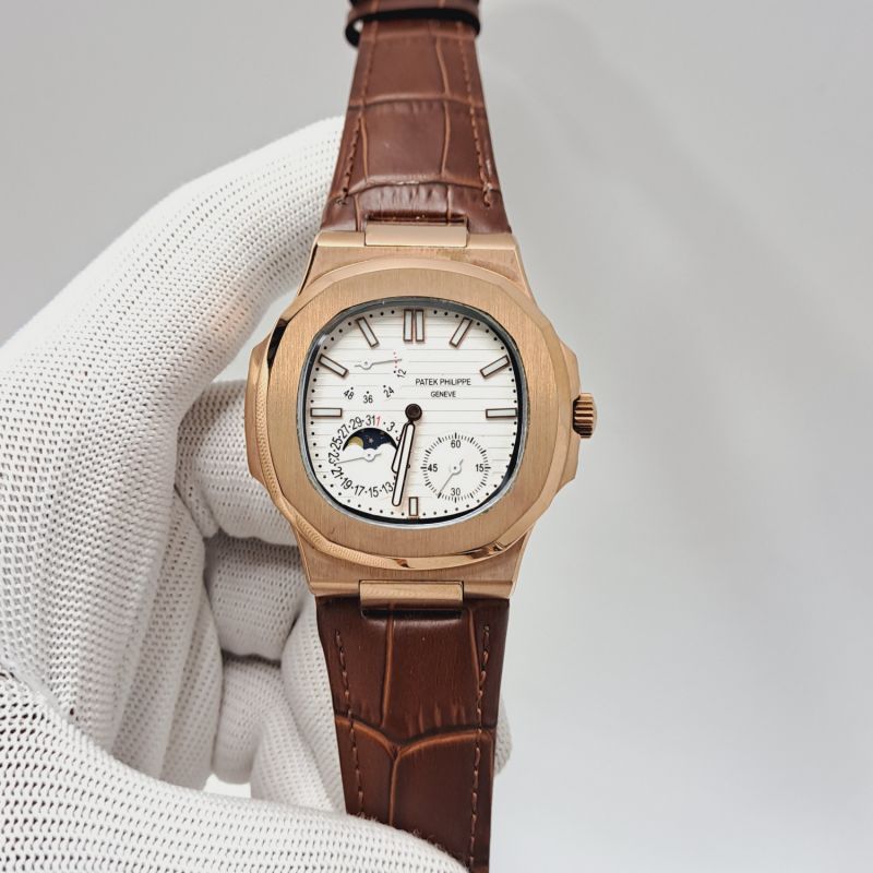 Patek Philippe Aquanaut Rose Gold White Dial Brown Leather Strap Swiss Automatic Watch