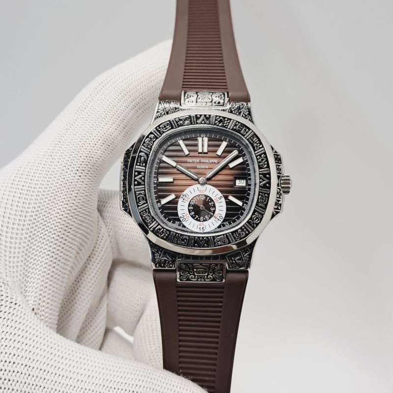 Patek Philippe Nautilus Engraved Silver Brown Dial Brown Rubber Strap Swiss Semi Eta Automatic Watch
