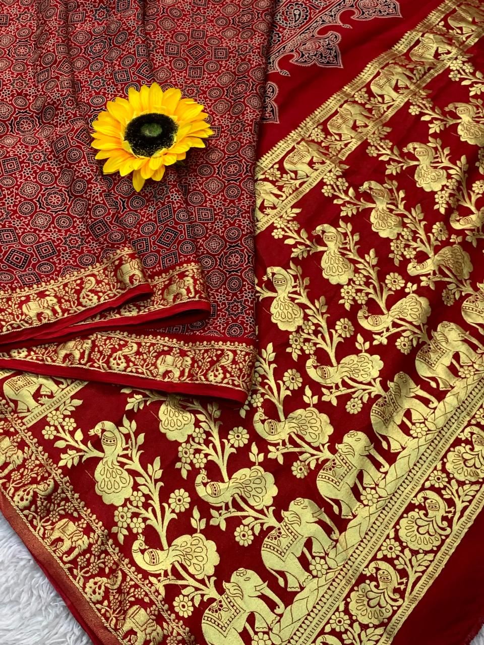 Designer Ajrakh Printed Gaji Silk Saree