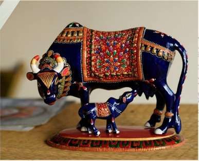 Glossy Meenakari Cow Calf Metal Figurine, Color : Blue for Home Decor