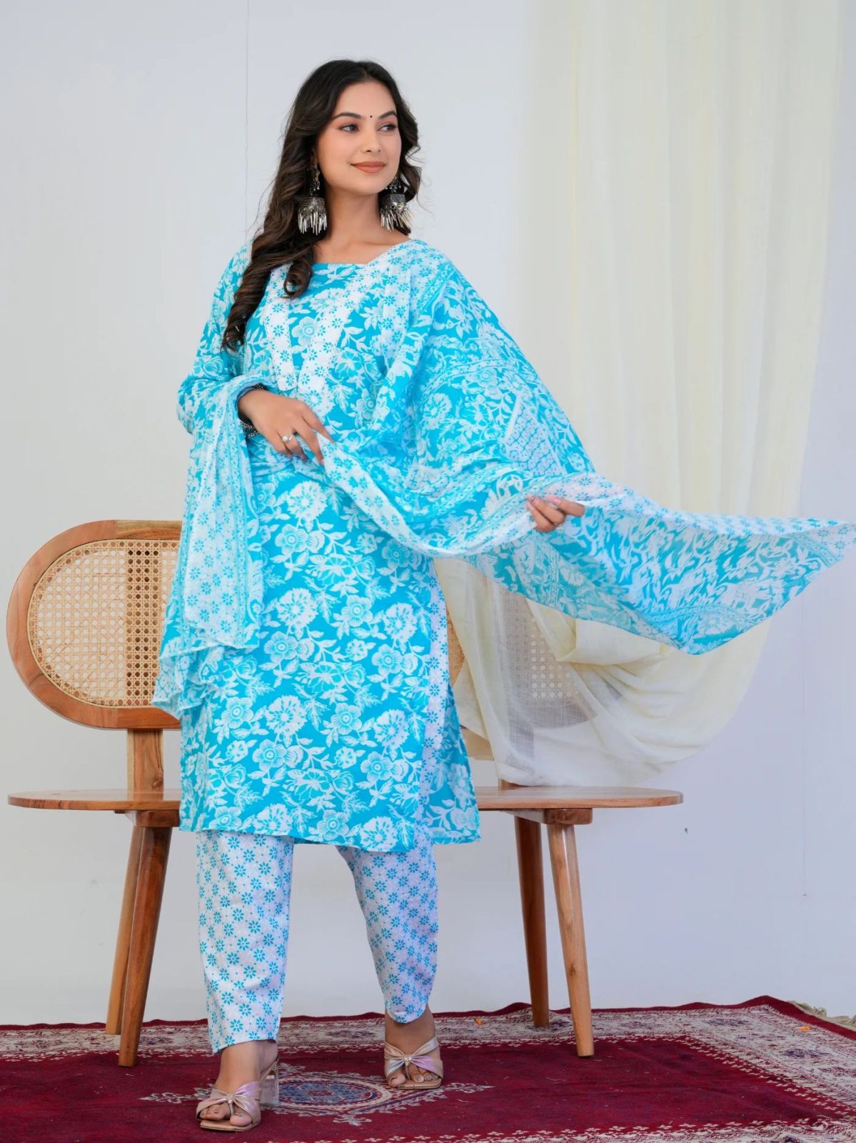 Aqua Blue Floral Print 3 Piece Suit Set