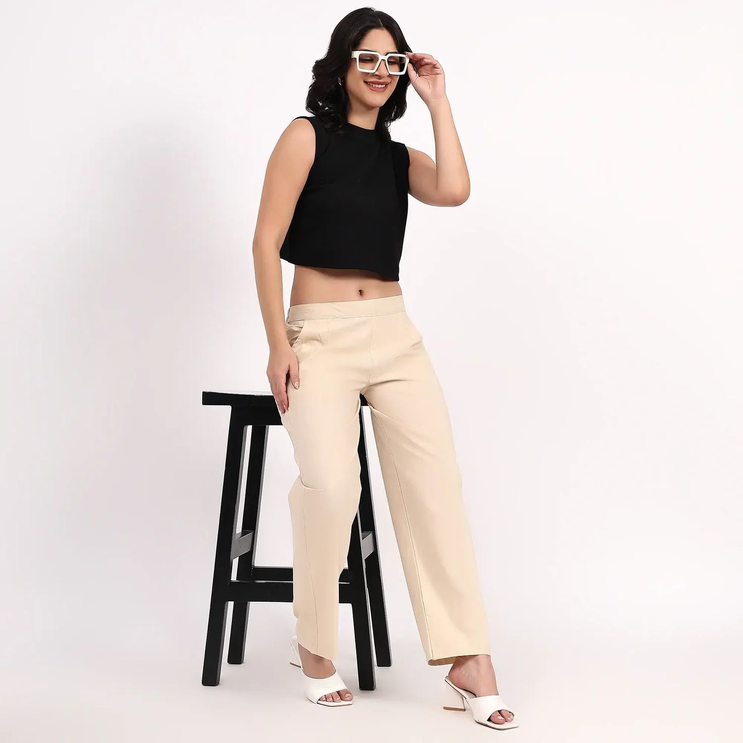 Beige Wide Leg Cotton Pant