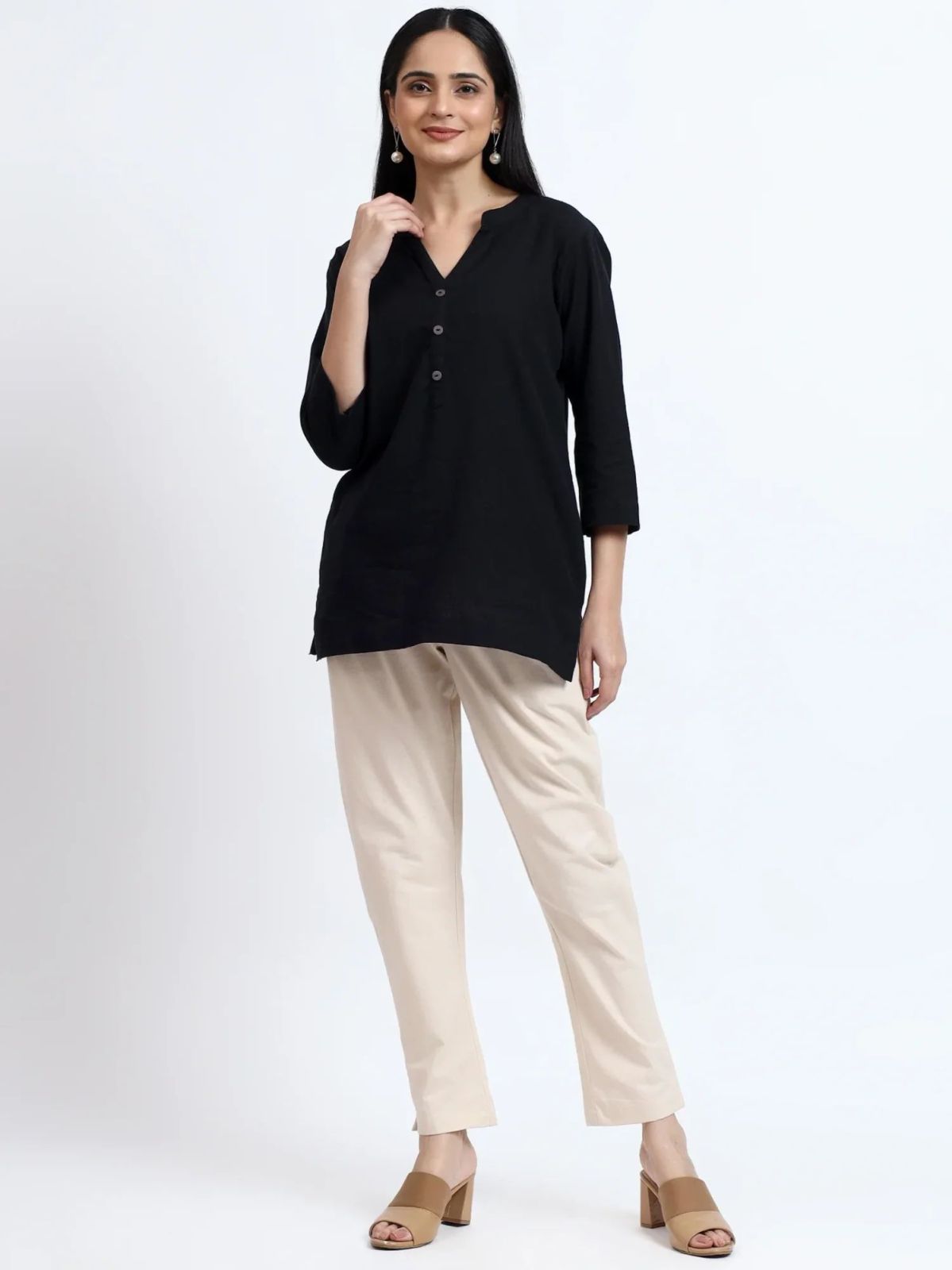 Black Beige Linen Cotton Short Kurti Pant Set