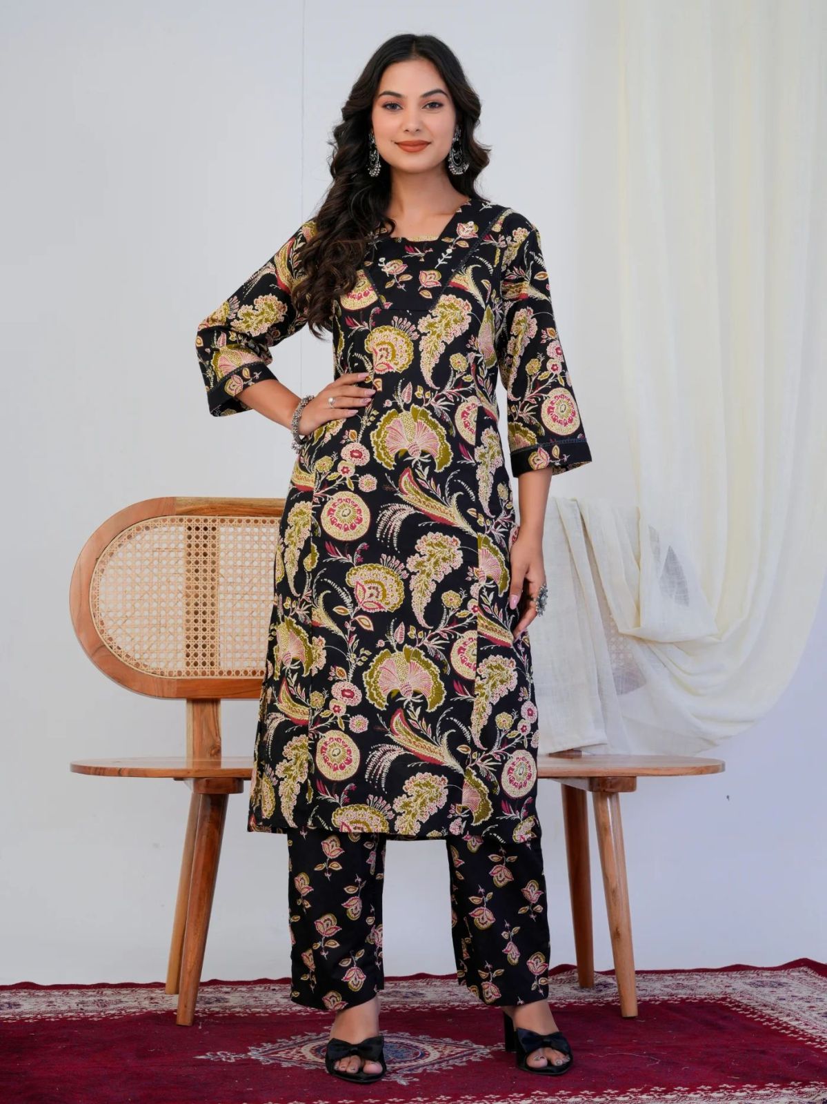 Black Floral Print With Handwork Co-Ord Set