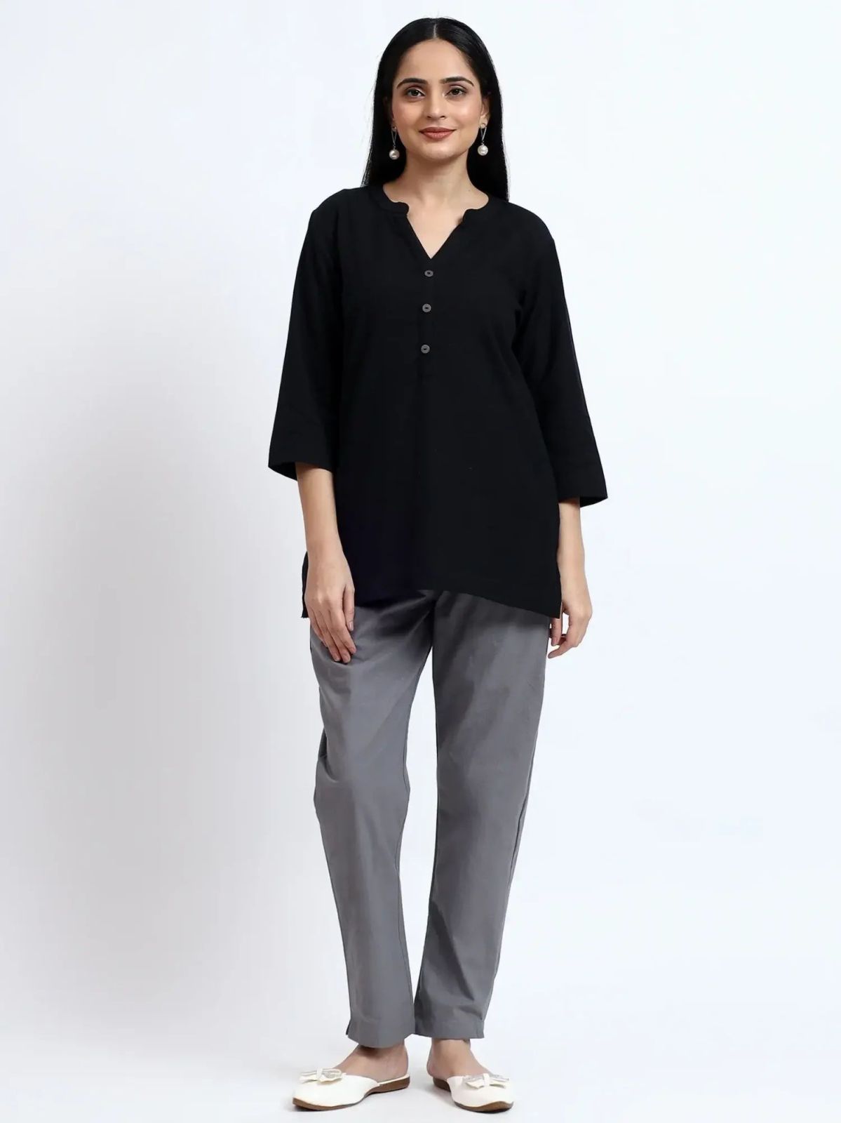 Black Grey Linen Cotton Short Kurti Pant Set