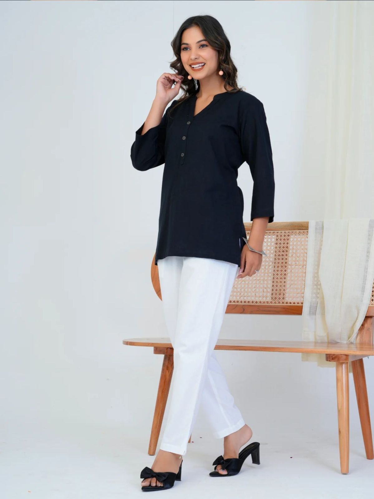 Black Linen Cotton Ladies Short Kurti
