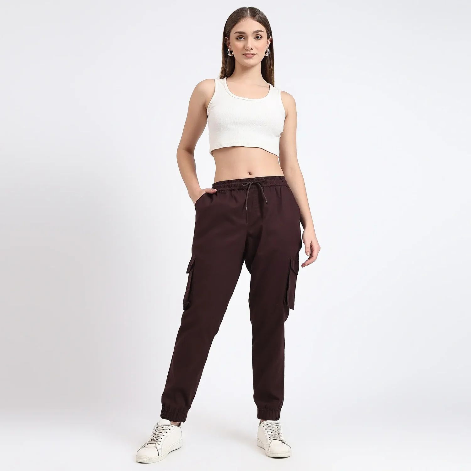 Dark Brown Women Cotton Cargo Jogger