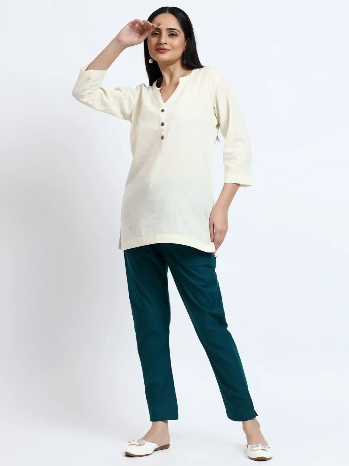 Ecru Bottle Green Linen Cotton Short Kurti Pant Set