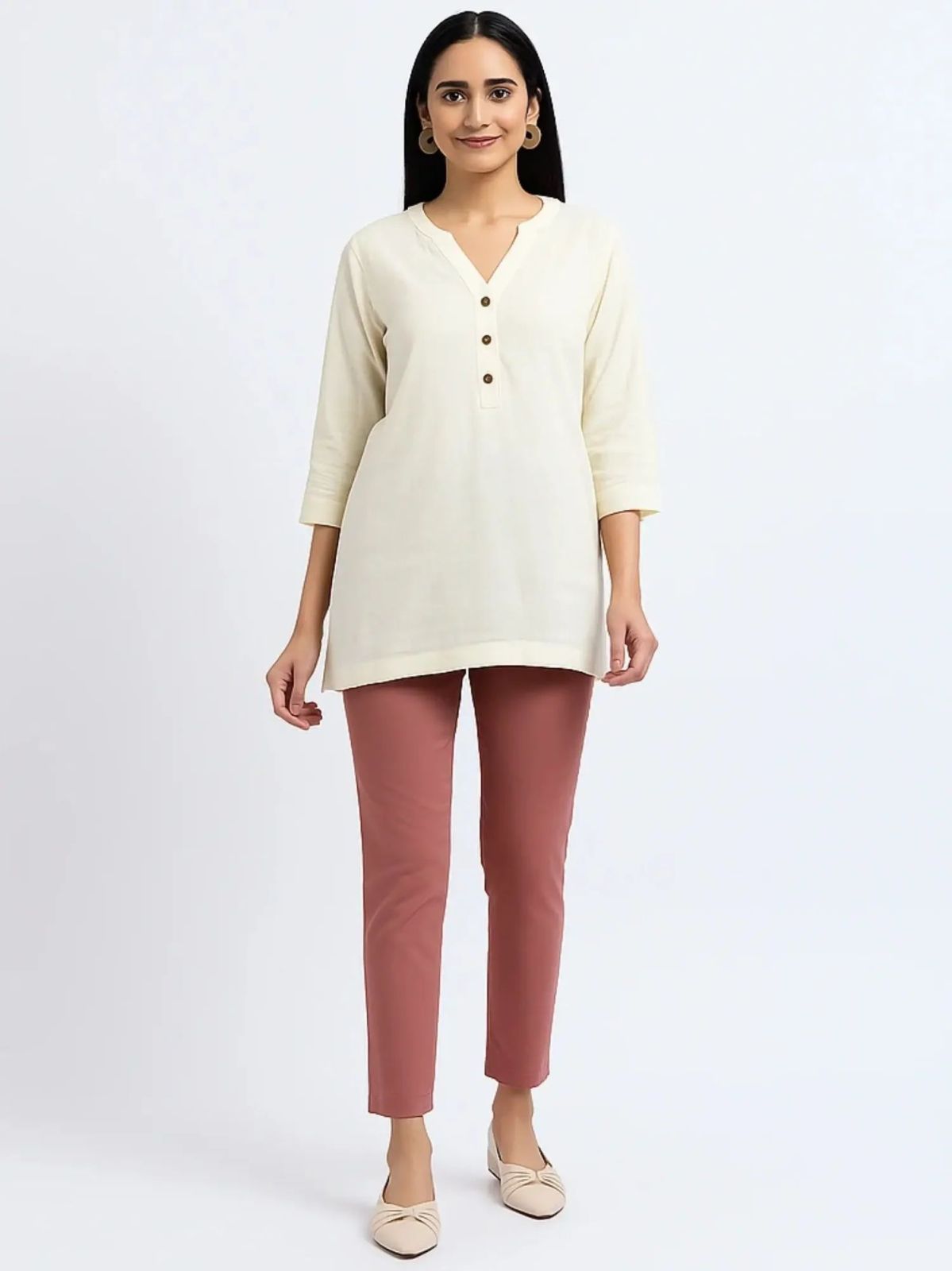 Ecru Taupe Rose Linen Cotton Short Kurti Pant Set