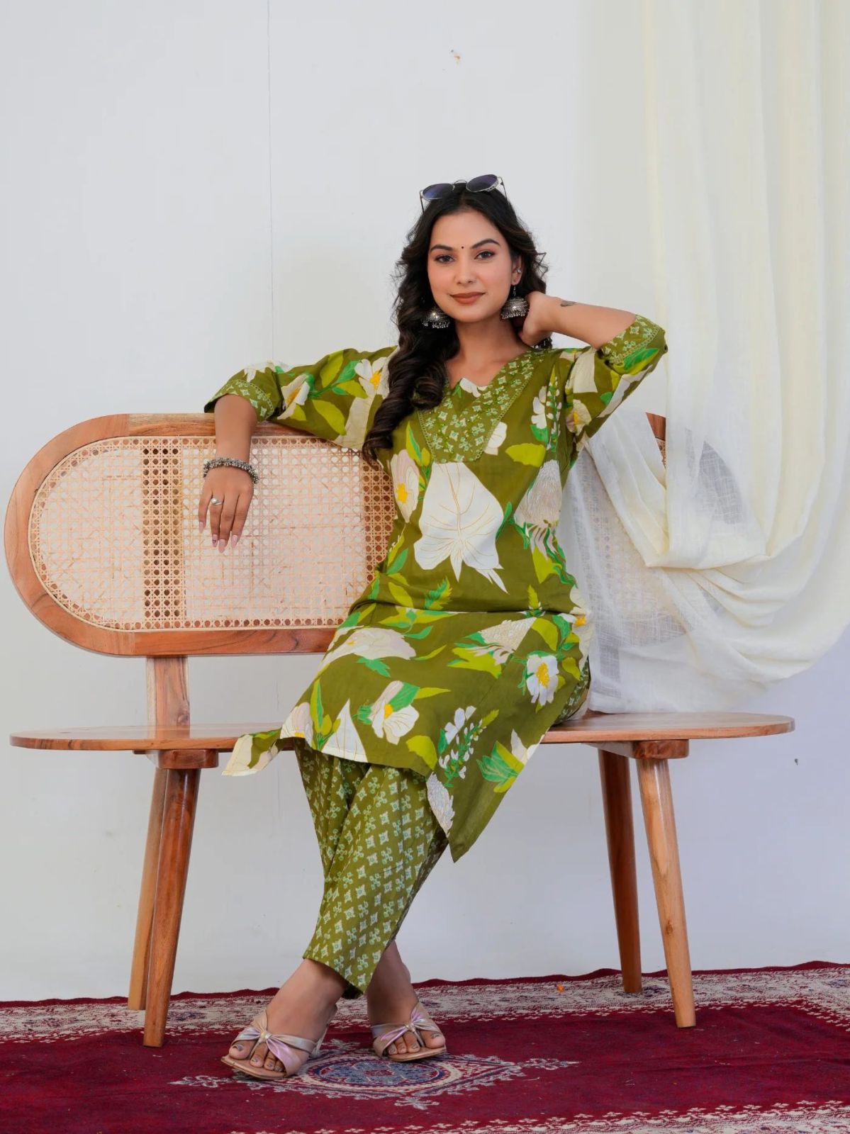 Green Floral Print With Handwork Co-Ord Set