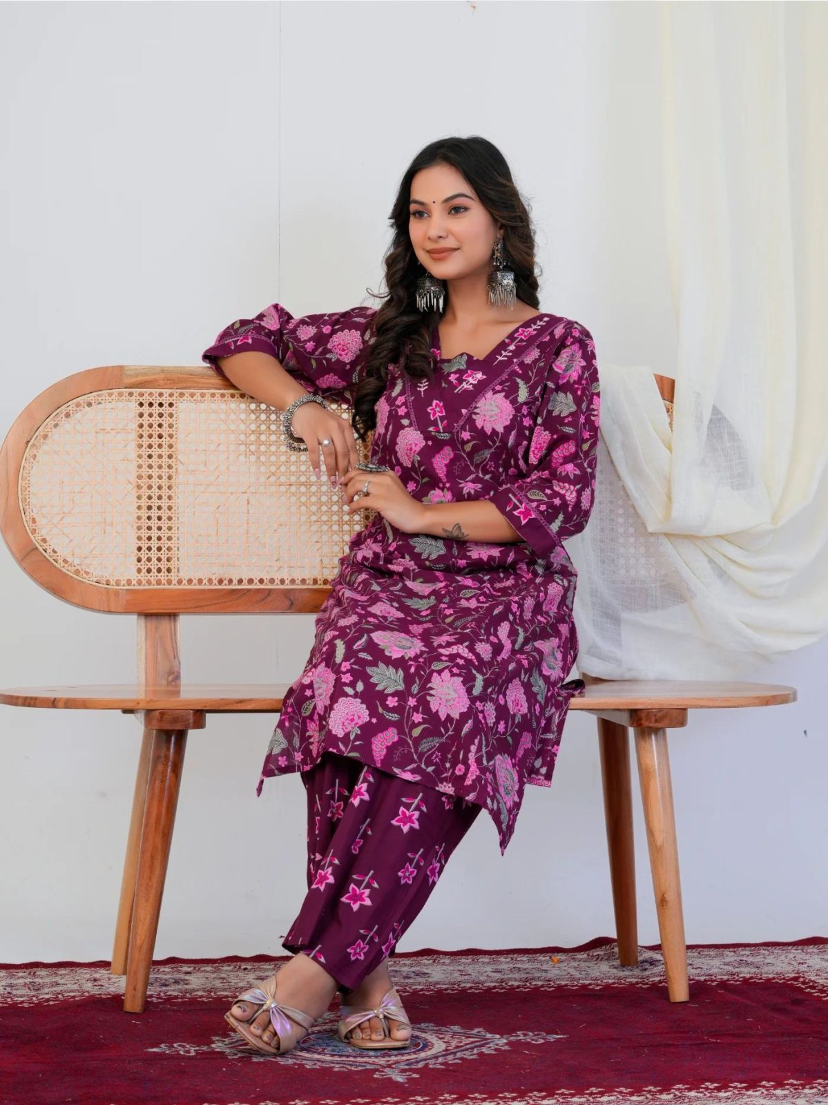 Magenta Floral Print With Handwork Co-Ord Set