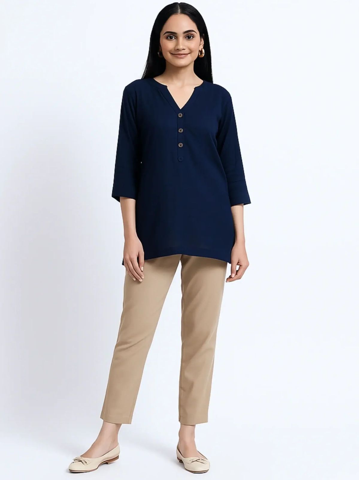 Navy Blue Beige Linen Cotton Short Kurti Pant Set