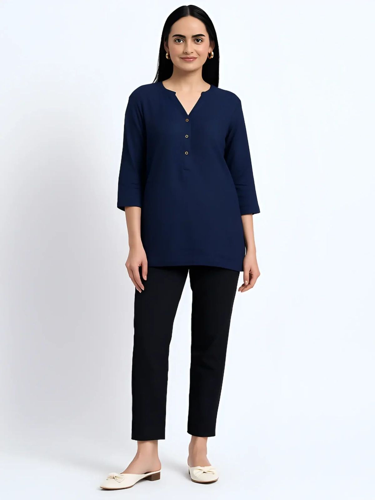 Navy Blue Black Linen Cotton Short Kurti Pant Set