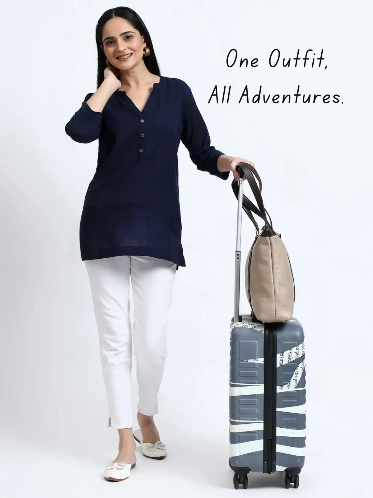 Navy Blue Linen Cotton Ladies Short Kurti