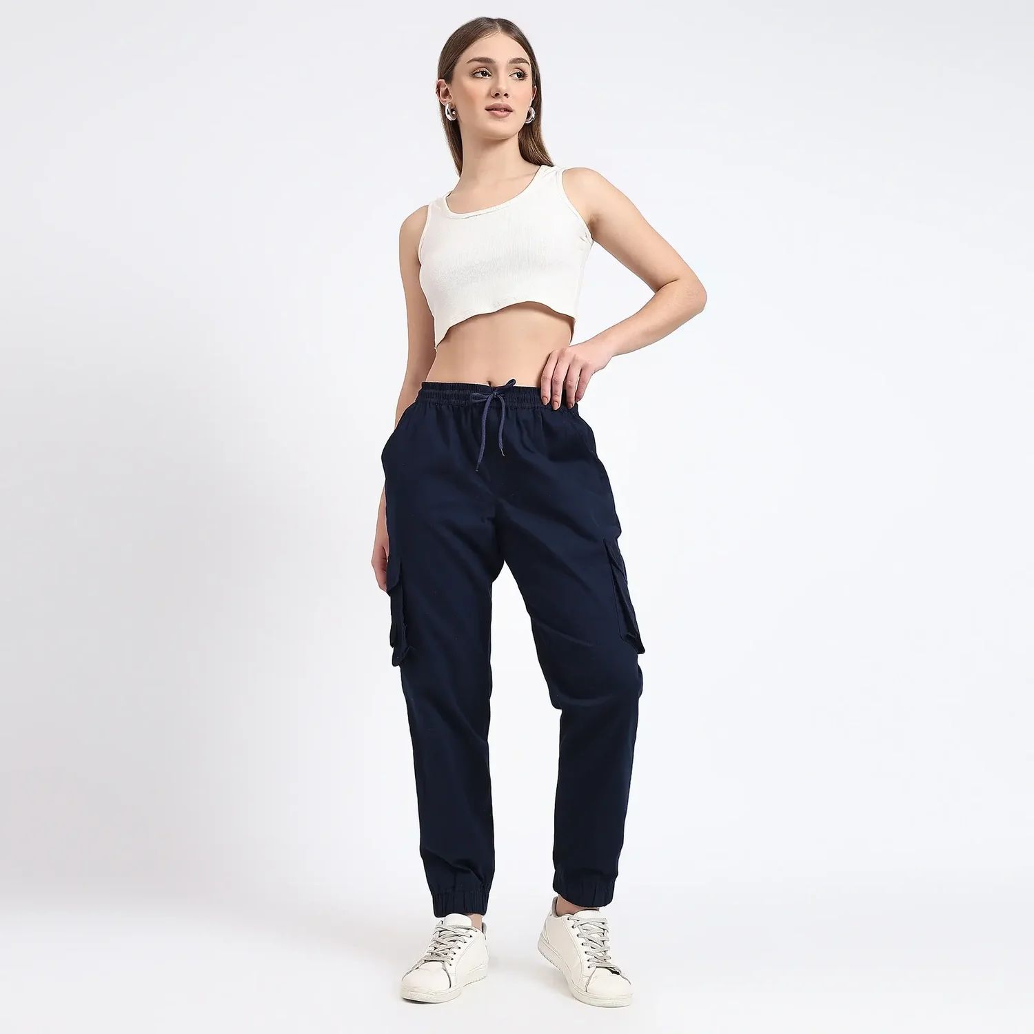 Navy Blue Women Cotton Cargo Jogger