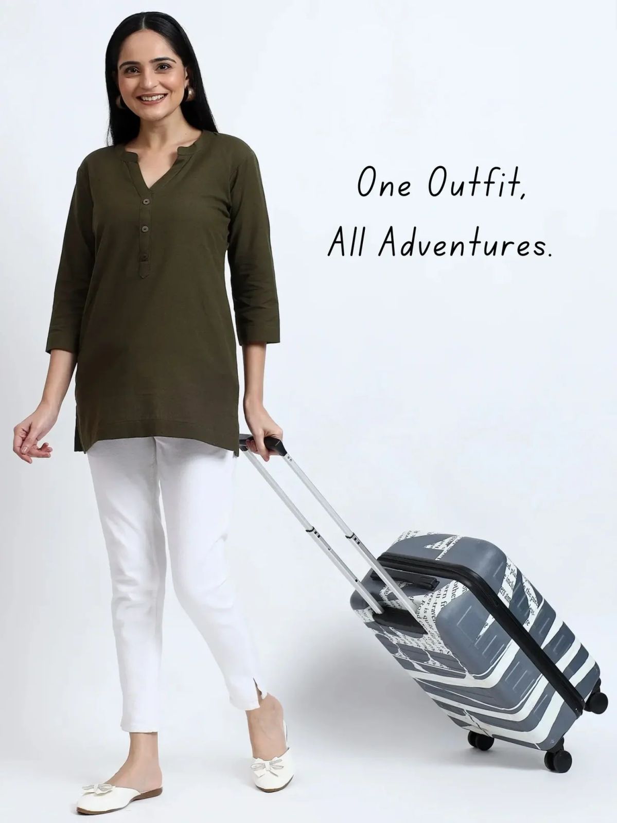 Olive Green White Linen Cotton Short Kurti Pant Set