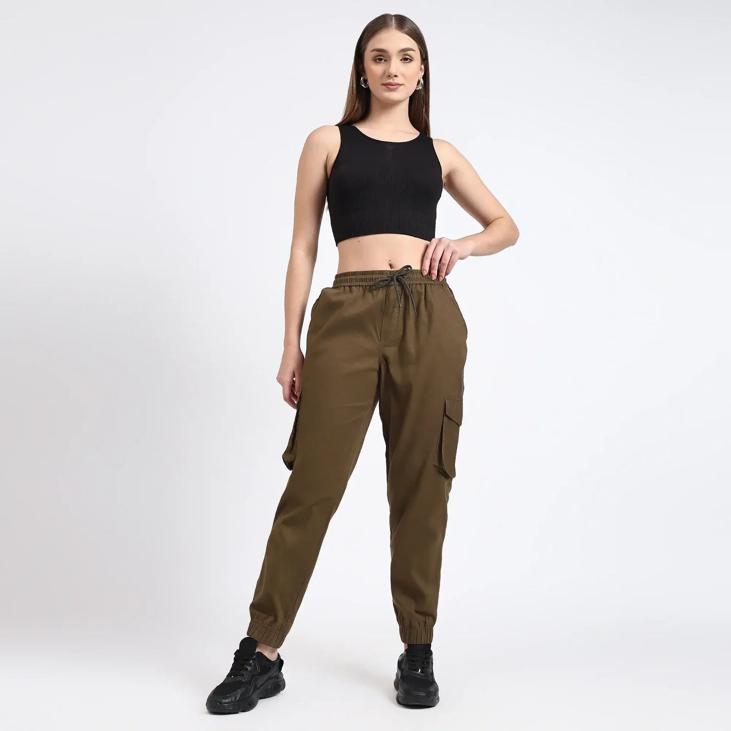 Olive Green Women Cotton Cargo Jogger