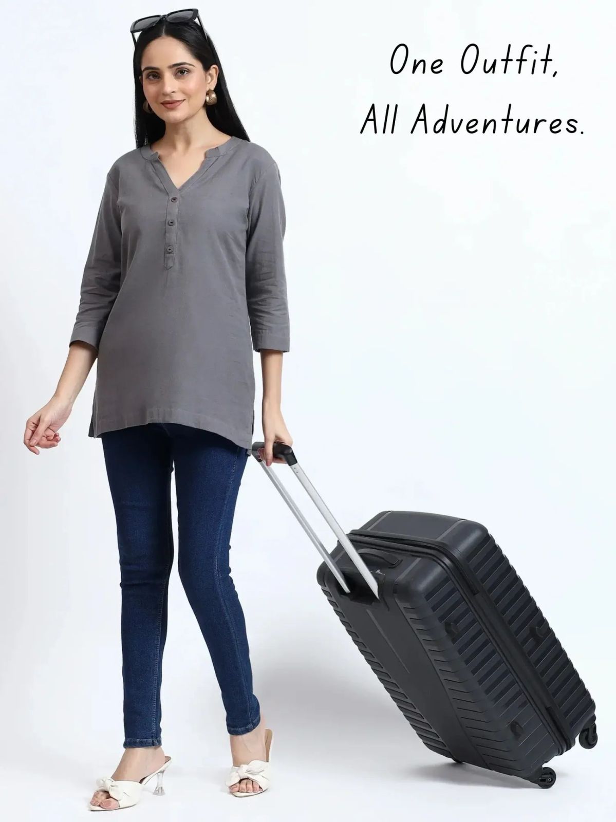 Stone Grey Linen Cotton Ladies Short Kurti