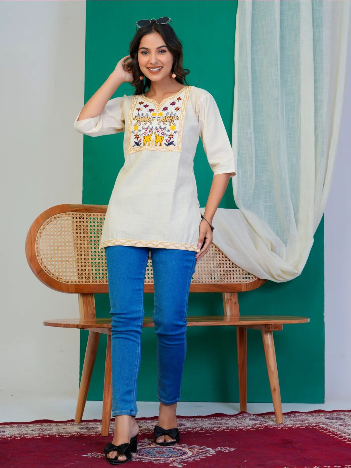 White Tiger Motif Embroidered Ladies Short Kurti