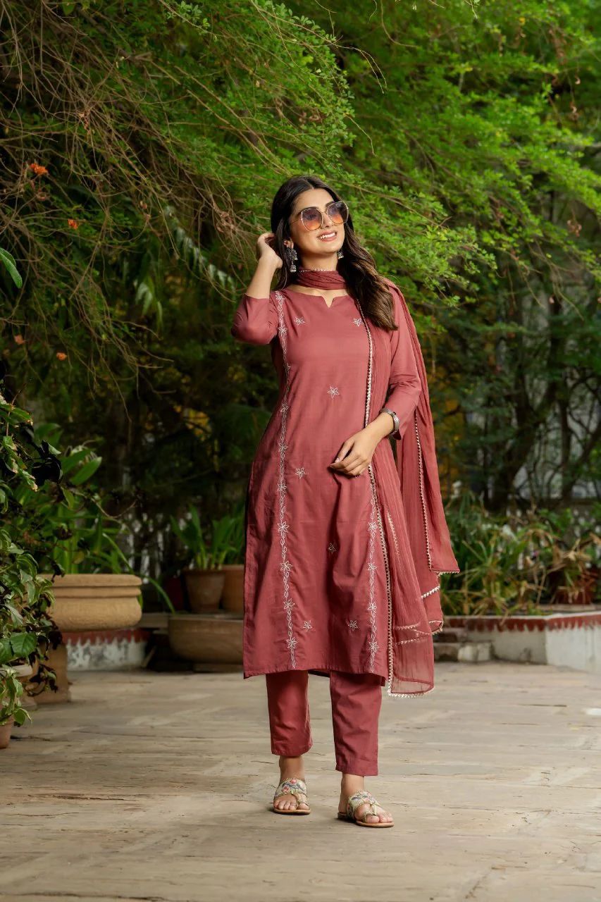 Women Embroidery Straight Brick Red 3 Piece Suit Set