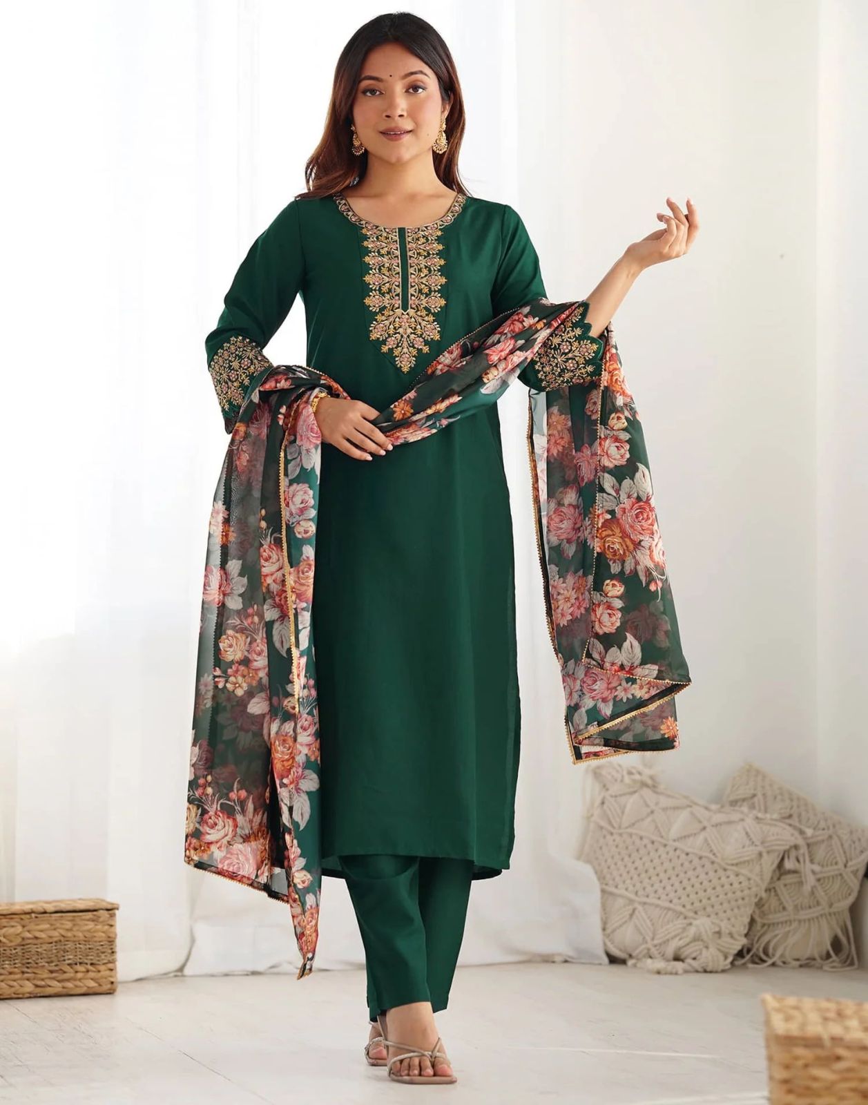 Women Embroidery Straight Dark Green 3 Piece Suit Set