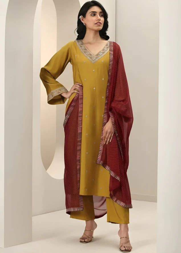 Women Embroidery Straight Mustard 3 Piece Suit Set