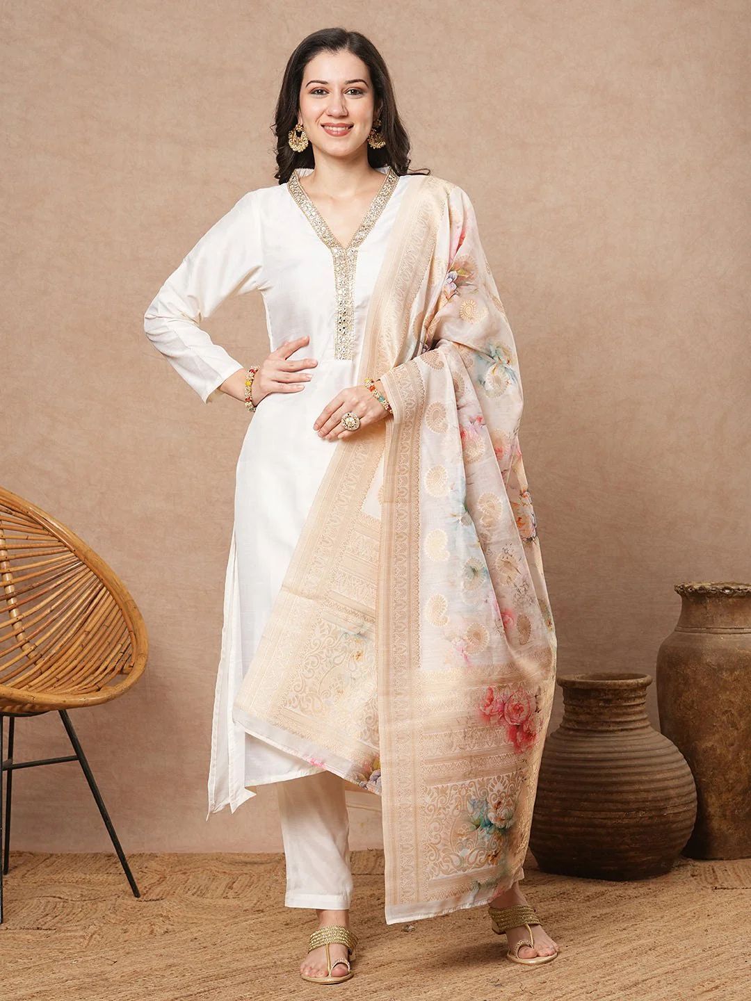 Women Embroidery Straight Off White 3 Piece Suit Set