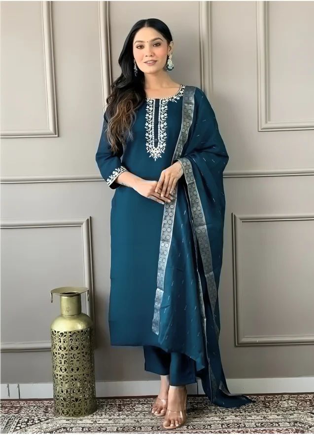 Women Embroidery Straight Teal Blue 3 Piece Suit Set