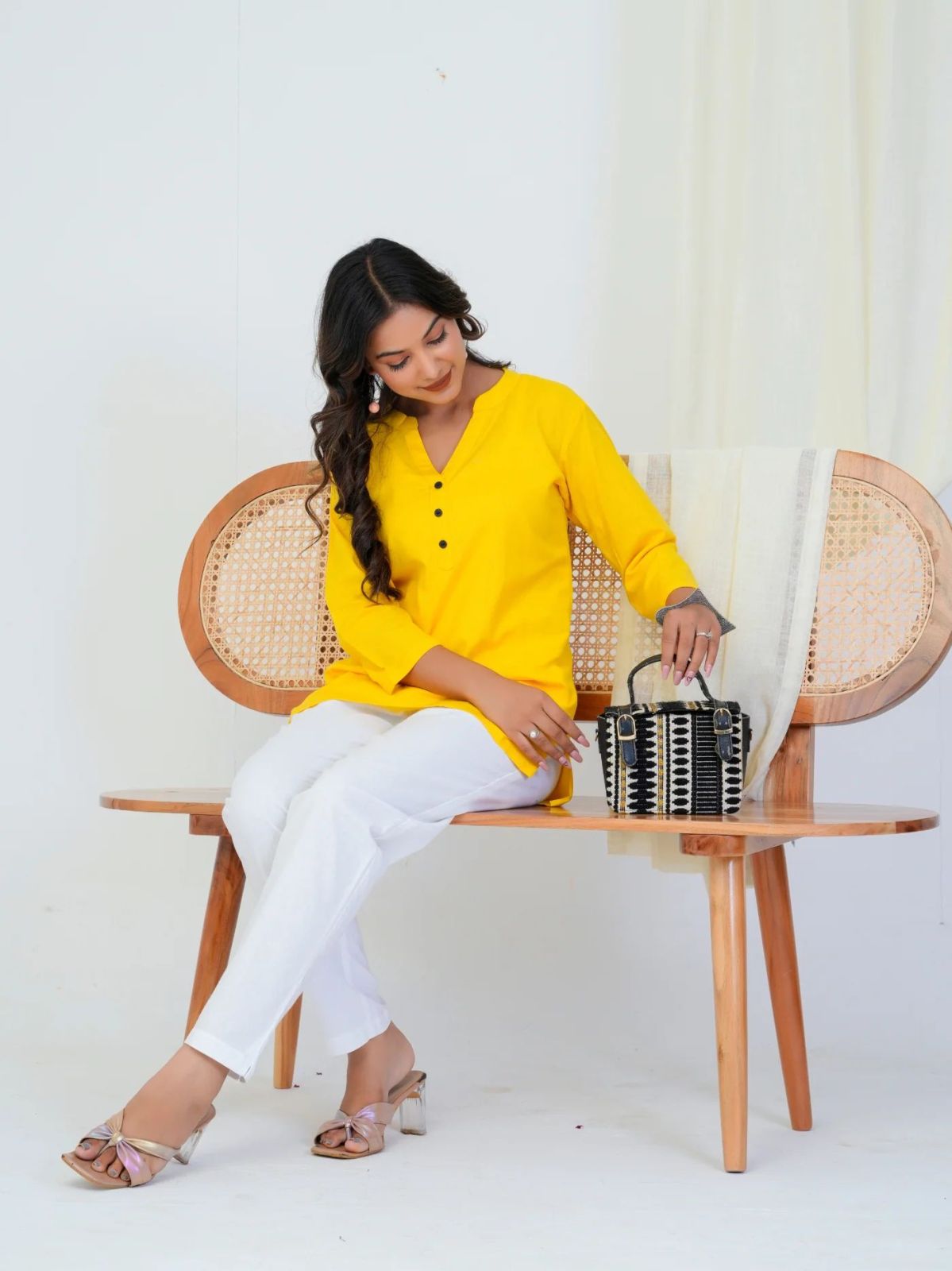 Yellow Linen Cotton Ladies Short Kurti