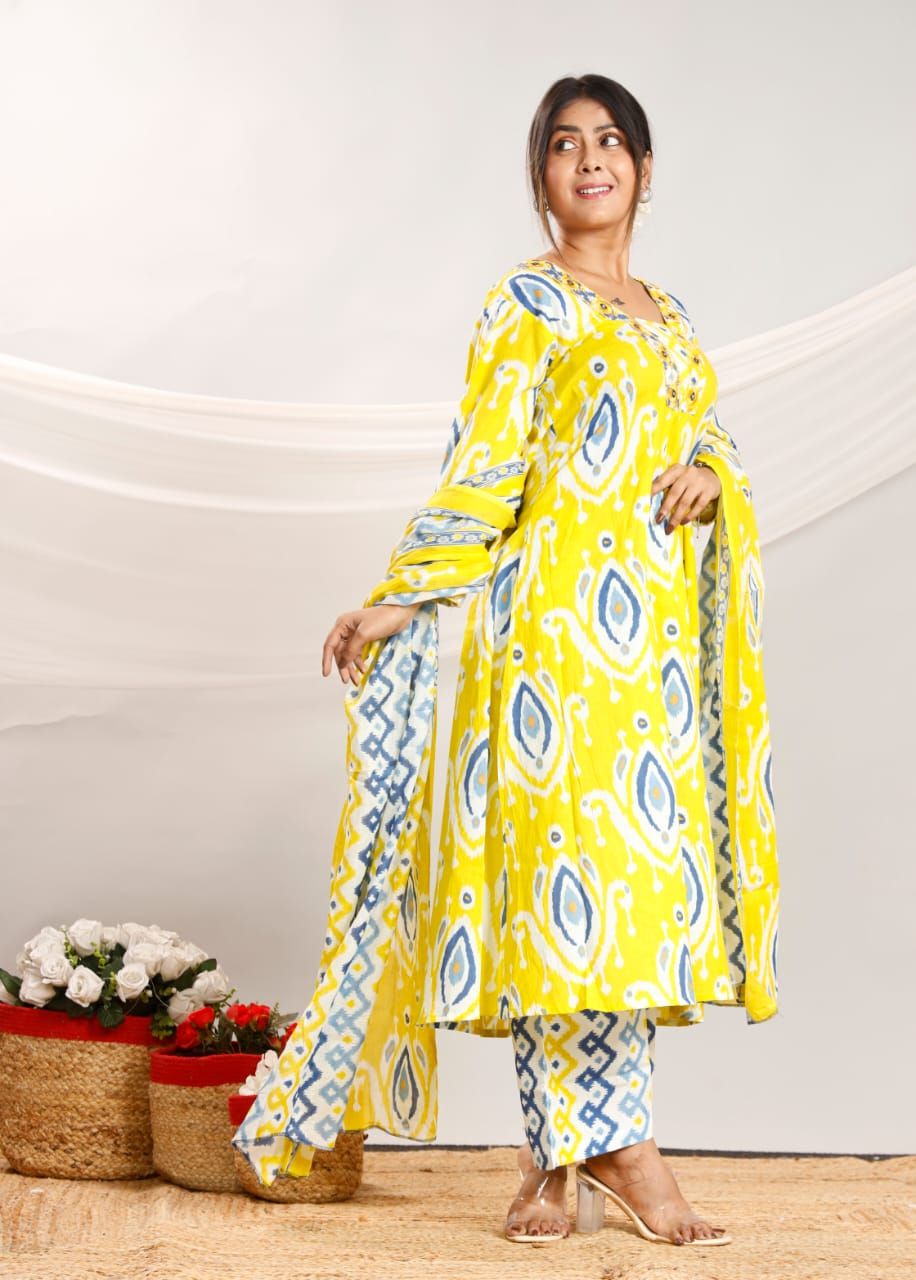 Ladies Mustard Ikat Palazzo Suit