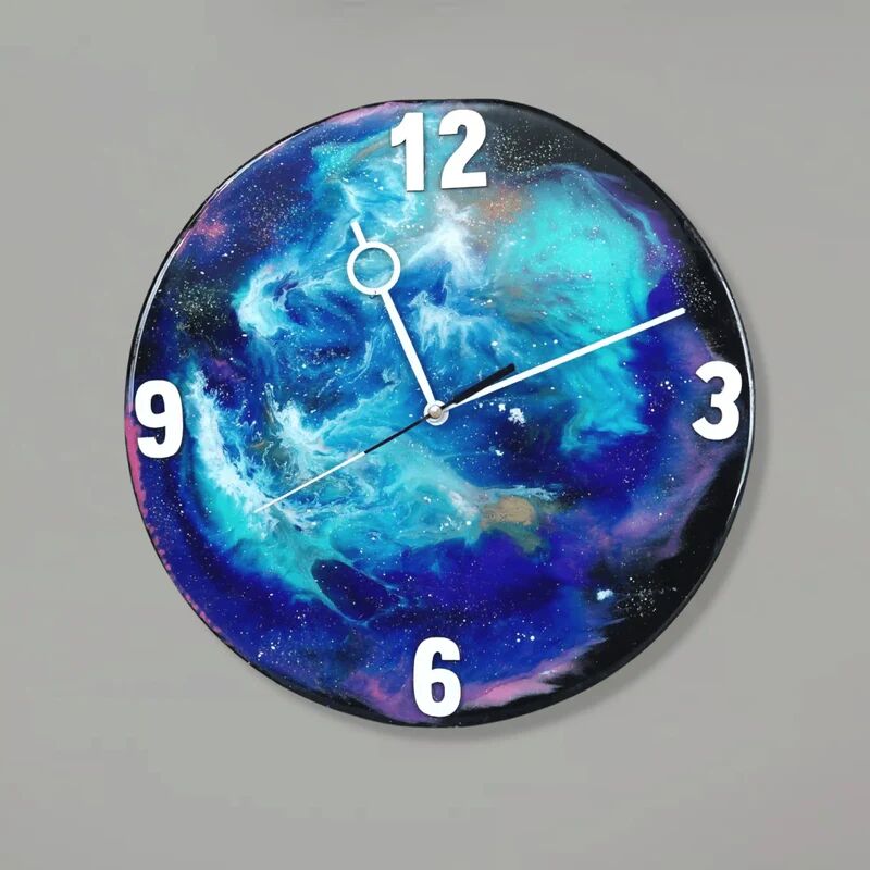 Designer Resin Wall Clock, Round, Black Blue Galaxy Effect