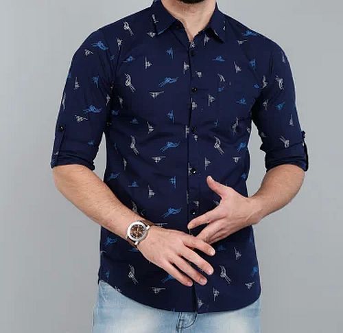 Dorrcee Mens Midnight Blue Monochrome Printed Full Sleeve Shirt