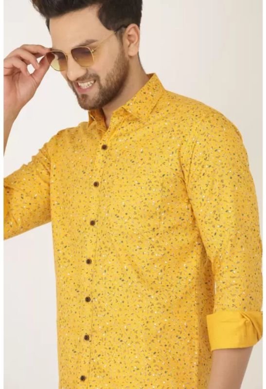 Dorrcee Mens Yellow Majestic Thread Cotton Printed Full Sleeve Shirt