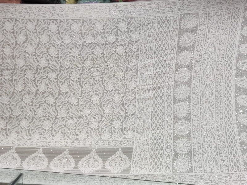 White Full Embroidery Chikankari Saree