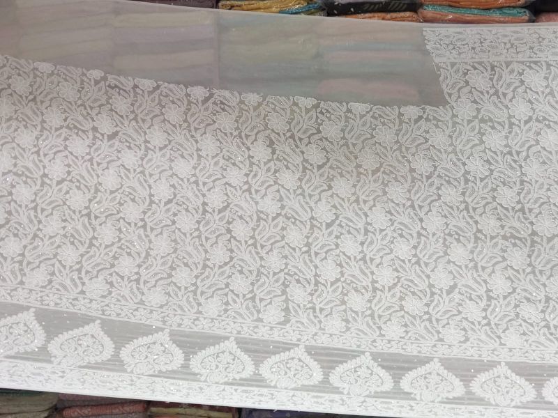 White Full Embroidery Chikankari Saree